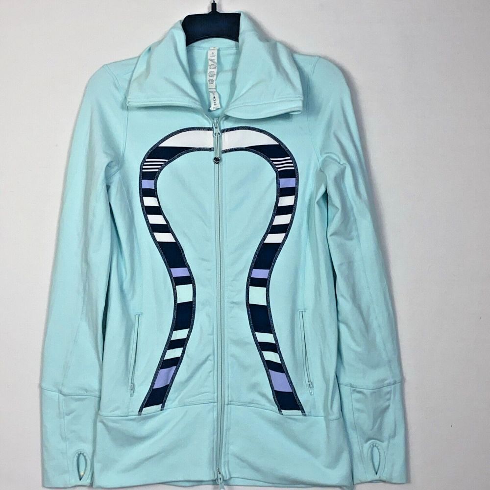 Lululemon In Stride Jacket Full Zip Light Blue Teal Womens Size 6 Thumb Holes